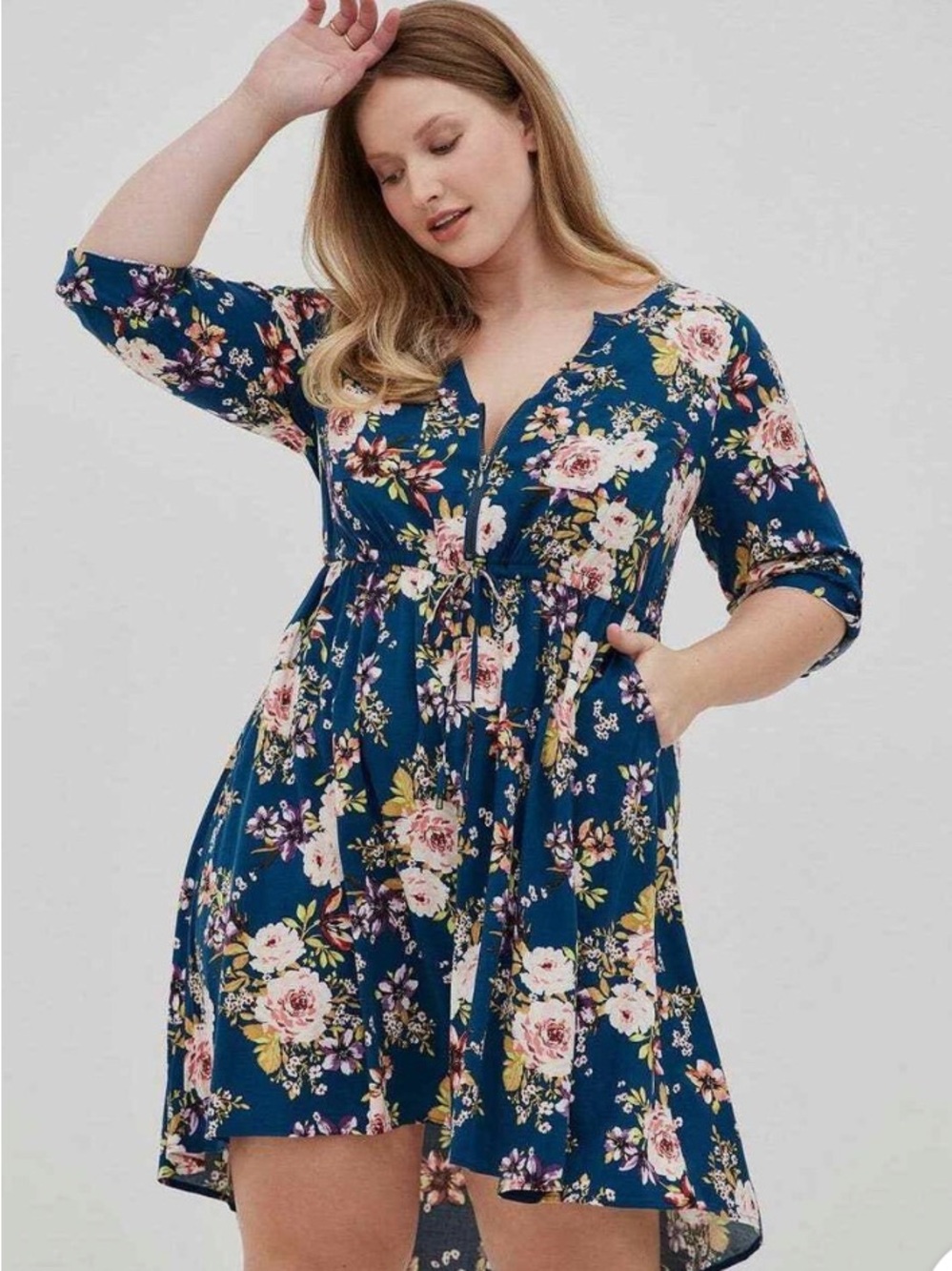 Floral Tie-Front Babydoll Dress in Teal Blue